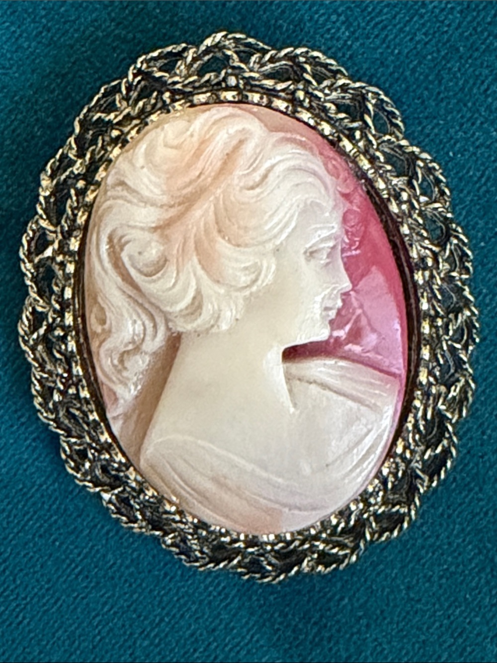 Vintage Reddish Orange Cameo Plastic or Resin Brooch